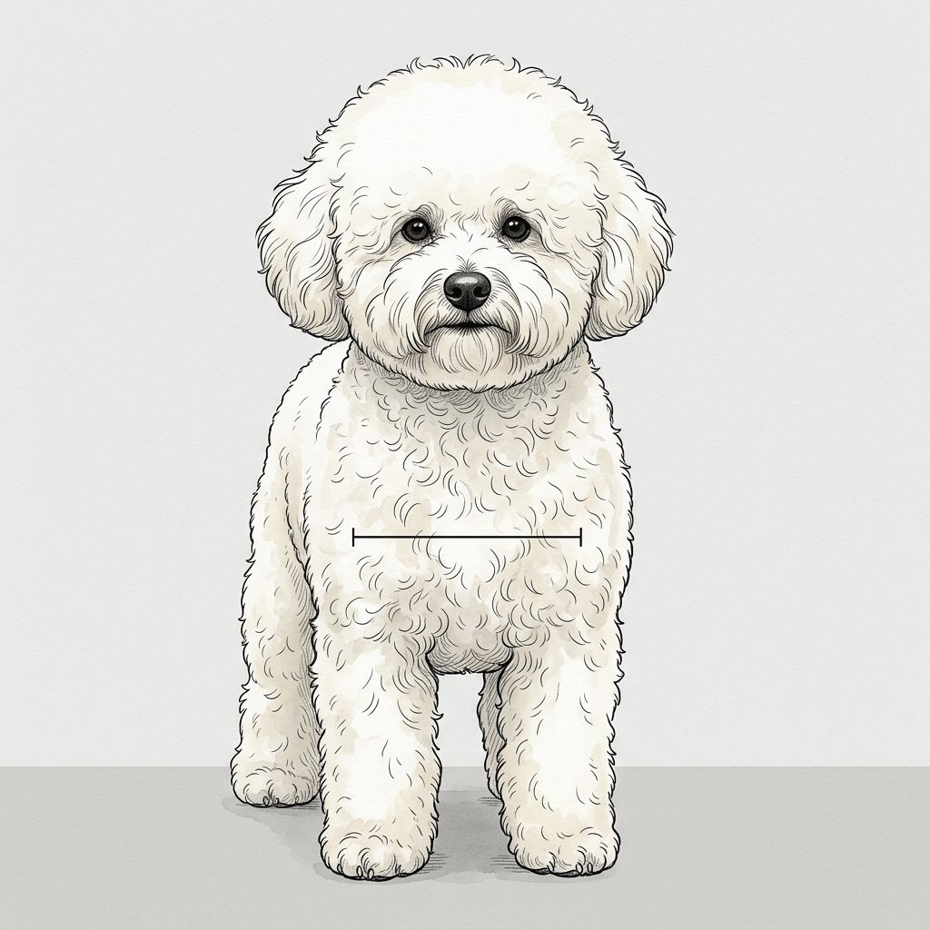 Bichon Frisé Frontalansicht: Rassezeichnung mit Vermassung der Brustbreite (Illustration, KI-generiert)