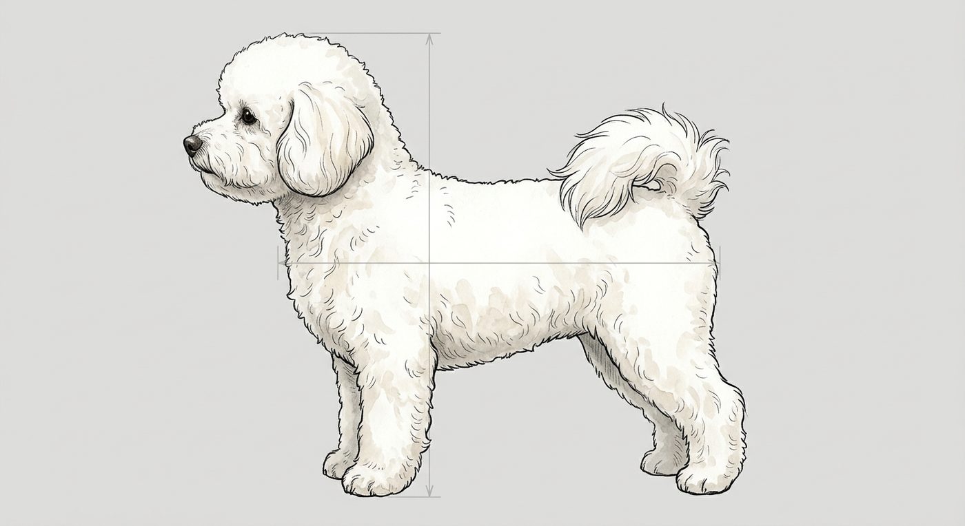Bichon Frisé Seitenansicht: Rassezeichnung mit Vermassung von Körperlänge und Widerristhöhe (Illustration, KI-generiert)