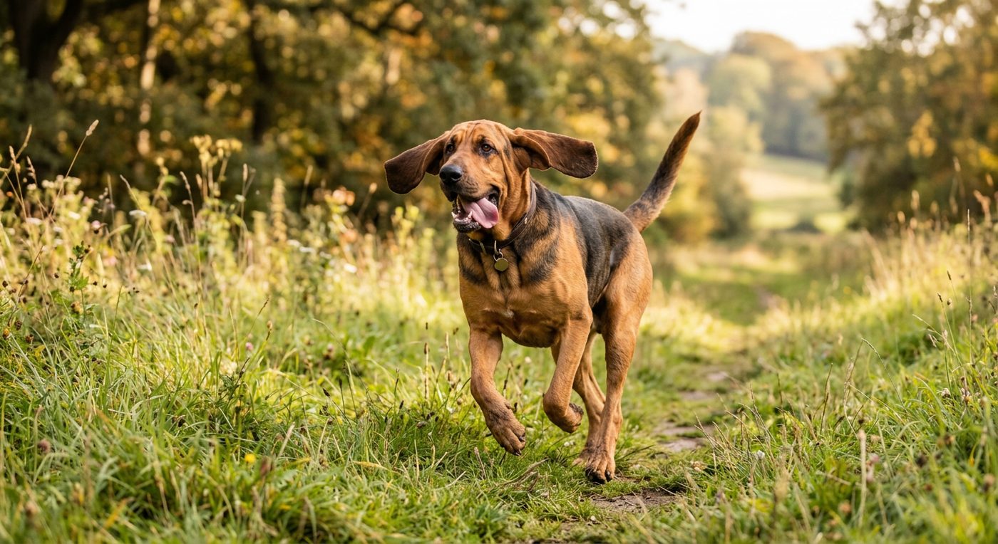Aktiver, gesunder Bloodhound im Freien (symbolische Fotodarstellung, KI-generiert)