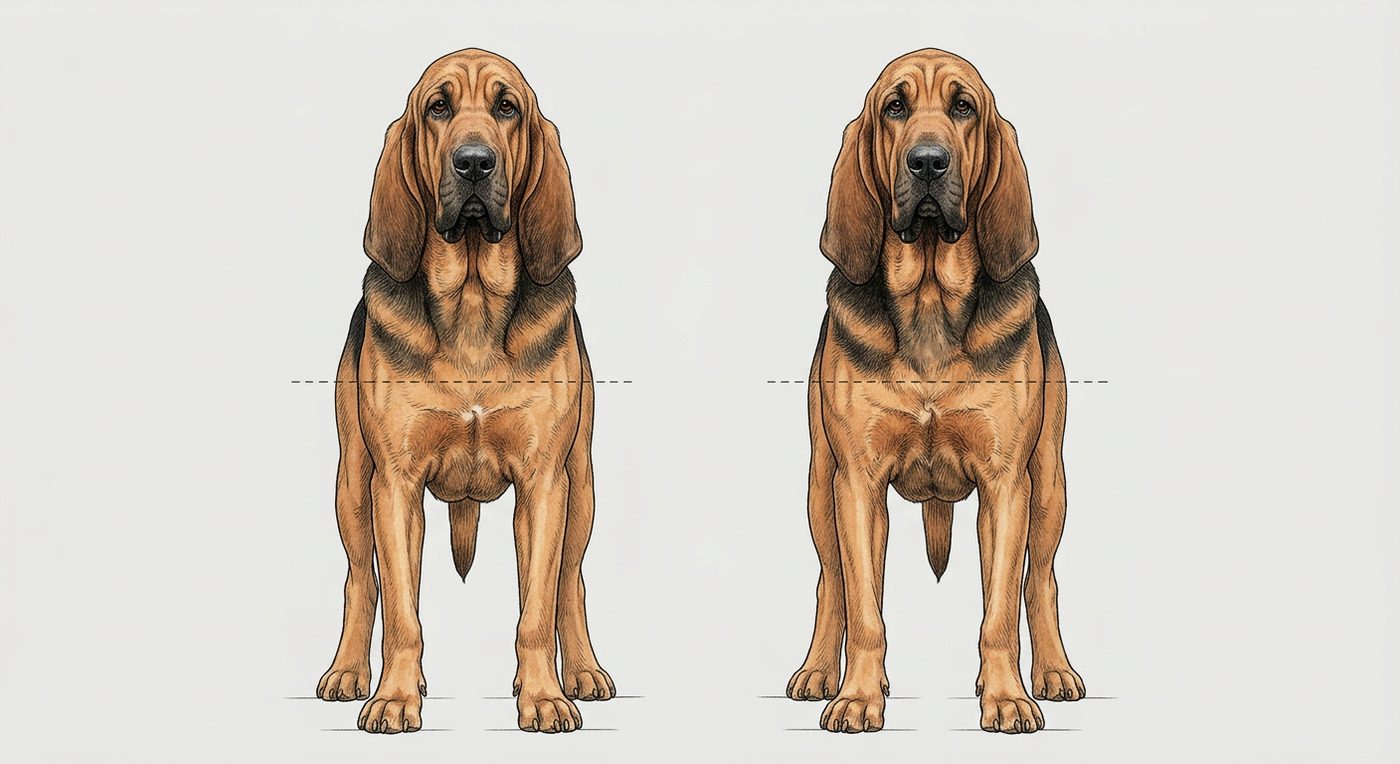 Bloodhound Frontalansicht: Rassezeichnung mit Vermassung der Brustbreite (Illustration, KI-generiert)