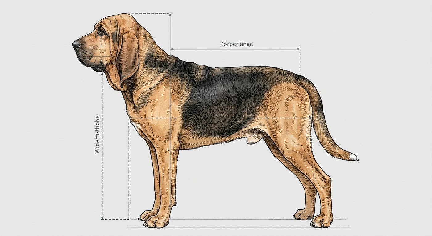 Bloodhound Seitenansicht: Rassezeichnung mit Vermassung von Körperlänge und Widerristhöhe (Illustration, KI-generiert)