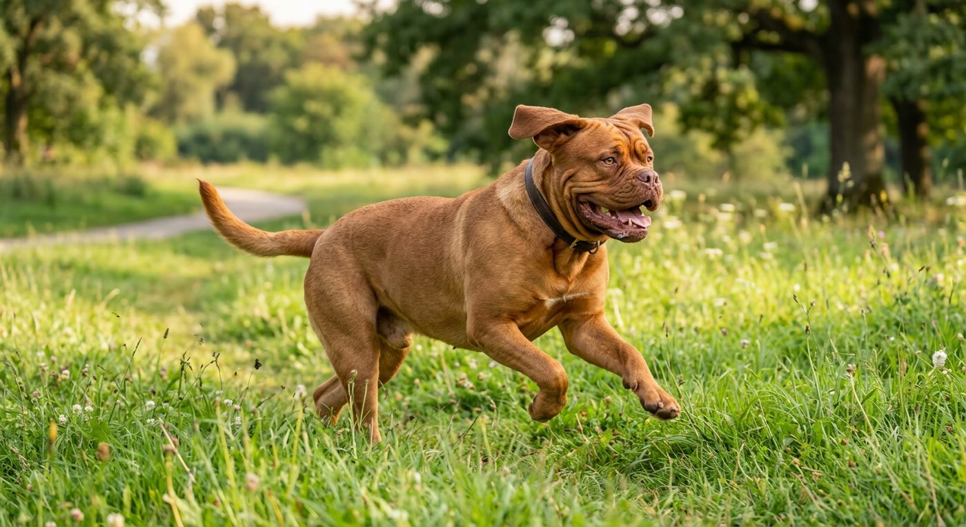 Aktiver, gesunder Bordeaux Dogge im Freien (symbolische Fotodarstellung, KI-generiert)