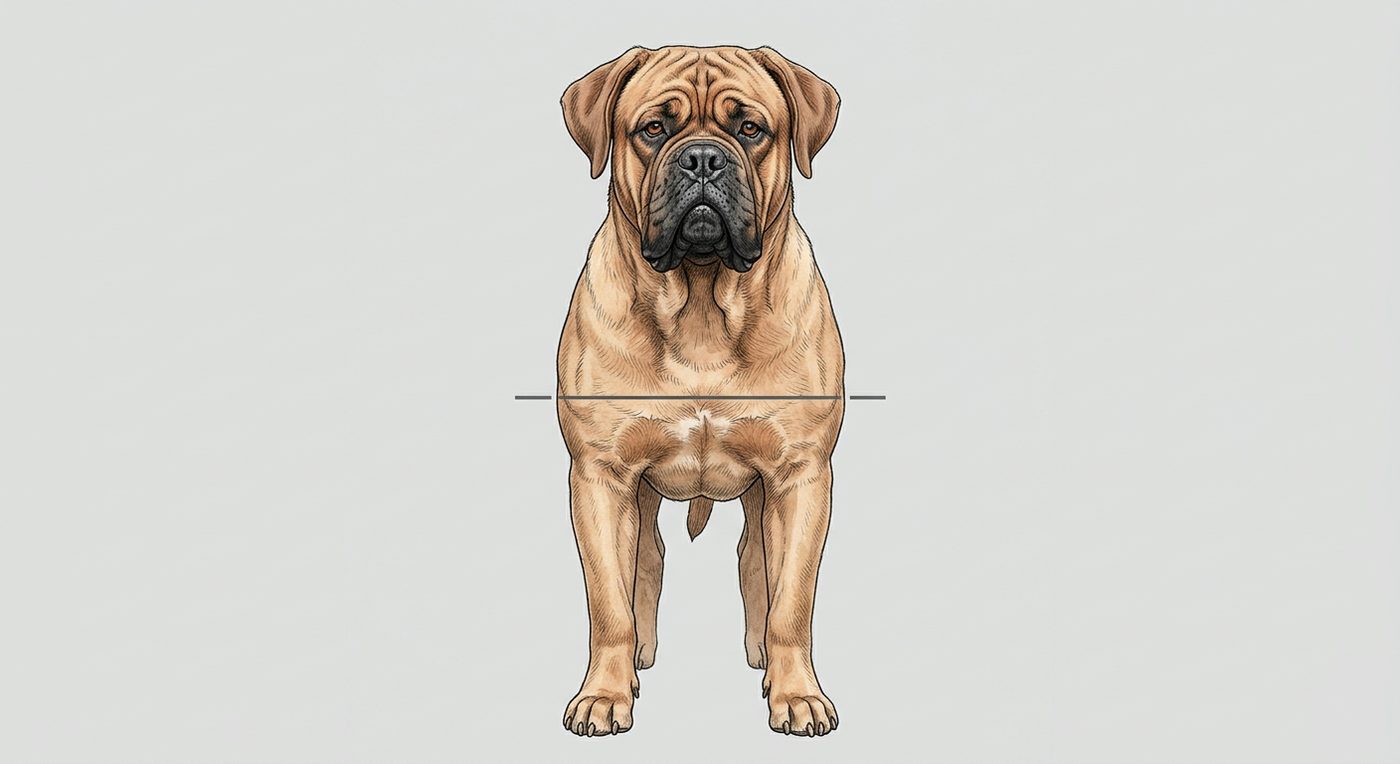 Bordeaux Dogge Frontalansicht: Rassezeichnung mit Vermassung der Brustbreite (Illustration, KI-generiert)