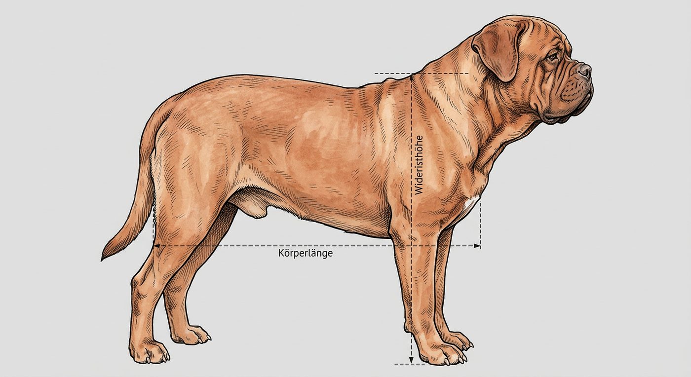 Bordeaux Dogge Seitenansicht: Rassezeichnung mit Vermassung von Körperlänge und Widerristhöhe (Illustration, KI-generiert)