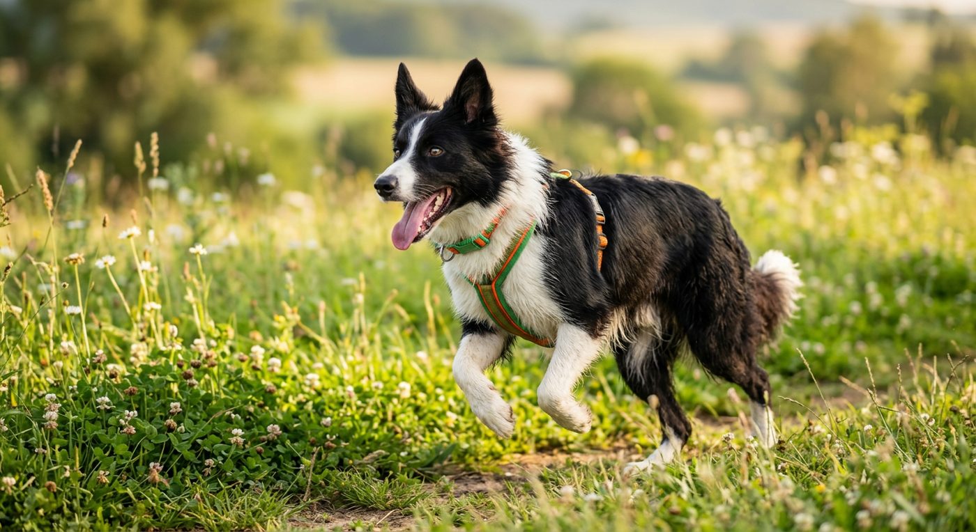 Aktiver, gesunder Border Collie beim Rennen über eine Wiese (symbolische Fotodarstellung, KI-generiert)