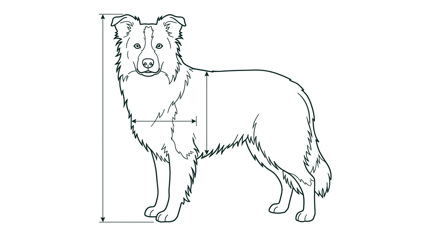 Border Collie Frontalansicht: Rassezeichnung mit Vermassung der Brustbreite (Illustration, KI-generiert)