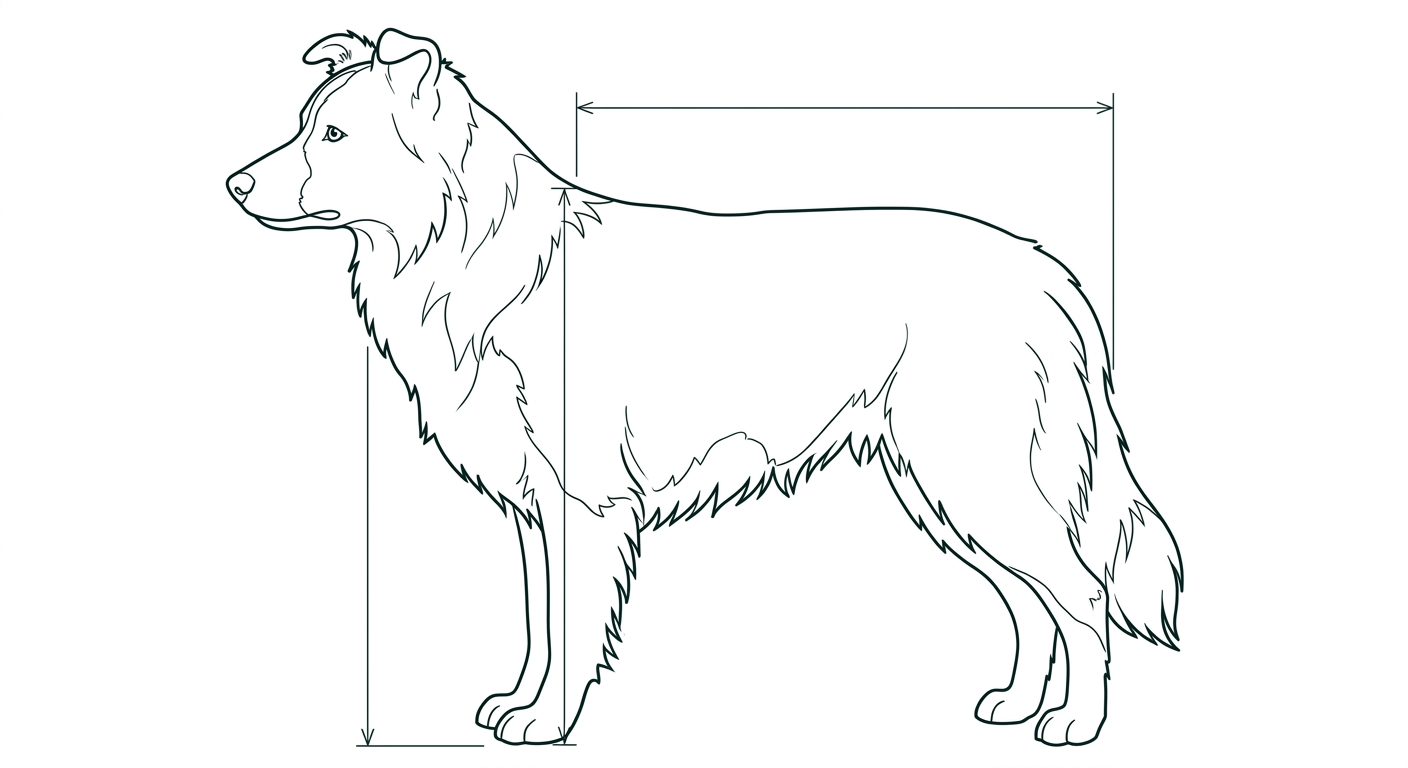 Border Collie Seitenansicht: Rassezeichnung mit Vermassung von Körperlänge und Widerristhöhe (Illustration, KI-generiert)