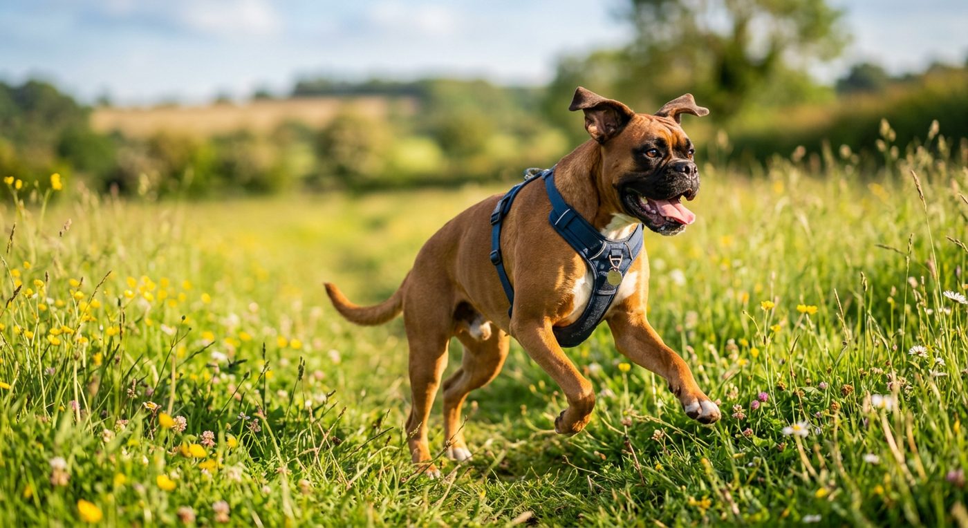 Aktiver, gesunder Boxer beim Rennen über eine Wiese (symbolische Fotodarstellung, KI-generiert)