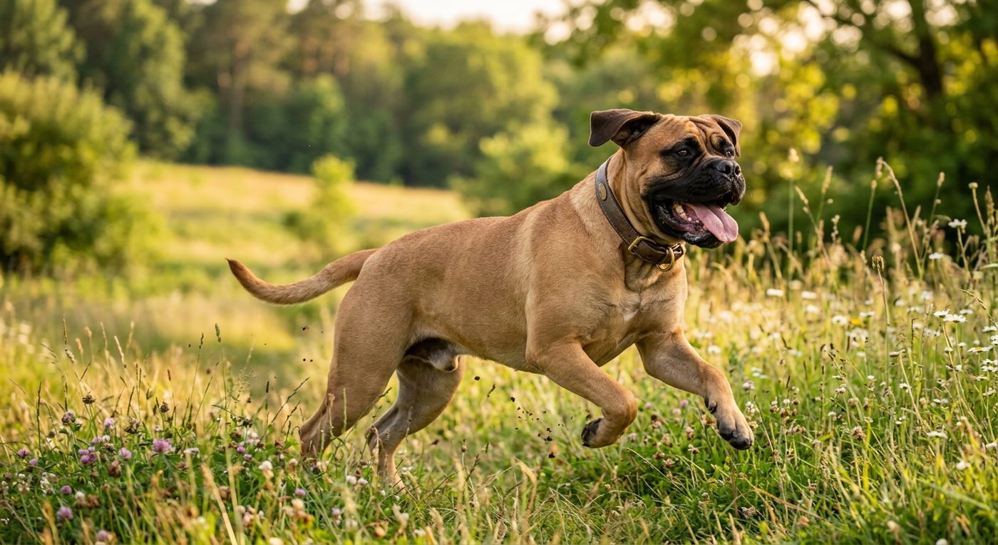 Aktiver, gesunder Bullmastiff im Freien (symbolische Fotodarstellung, KI-generiert)