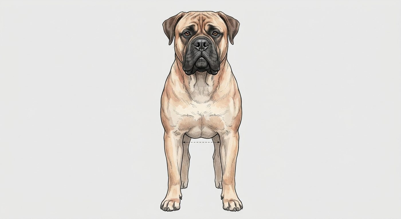 Bullmastiff Frontalansicht: Rassezeichnung mit Vermassung der Brustbreite (Illustration, KI-generiert)