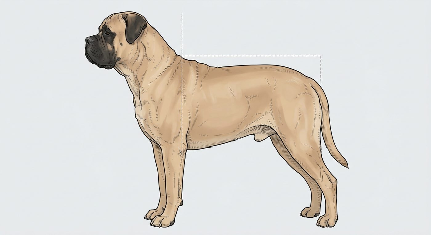 Bullmastiff Seitenansicht: Rassezeichnung mit Vermassung von Körperlänge und Widerristhöhe (Illustration, KI-generiert)