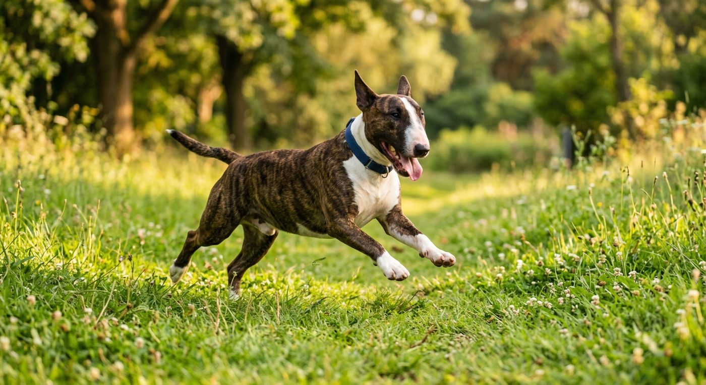 Aktiver, gesunder Bullterrier im Freien (symbolische Fotodarstellung, KI-generiert)