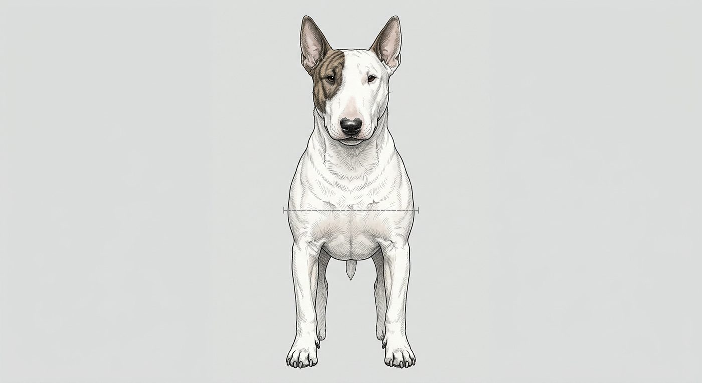 Bullterrier Frontalansicht: Rassezeichnung mit Vermassung der Brustbreite (Illustration, KI-generiert)