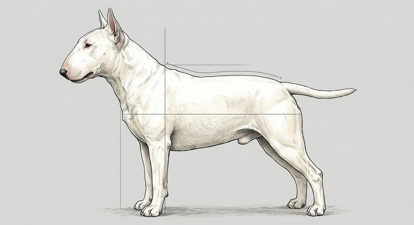 Bullterrier Seitenansicht: Rassezeichnung mit Vermassung von Körperlänge und Widerristhöhe (Illustration, KI-generiert)