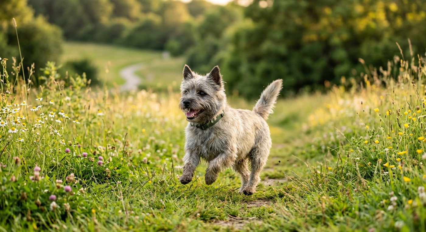 Aktiver, gesunder Cairn Terrier im Freien (symbolische Fotodarstellung, KI-generiert)