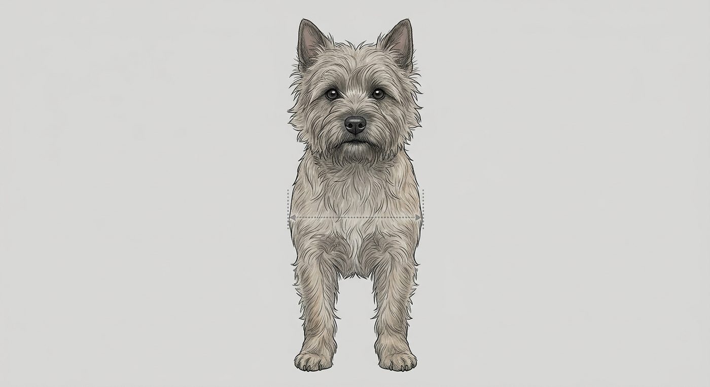 Cairn Terrier Frontalansicht: Rassezeichnung mit Vermassung der Brustbreite (Illustration, KI-generiert)