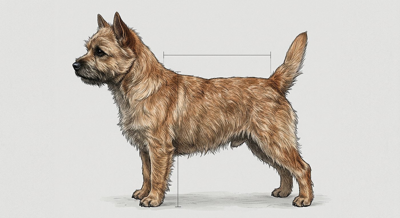 Cairn Terrier Seitenansicht: Rassezeichnung mit Vermassung von Körperlänge und Widerristhöhe (Illustration, KI-generiert)