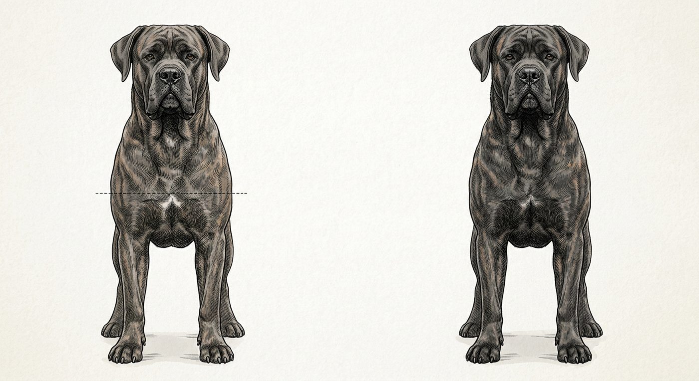 Cane Corso Frontalansicht: Rassezeichnung mit Vermassung der Brustbreite (Illustration, KI-generiert)