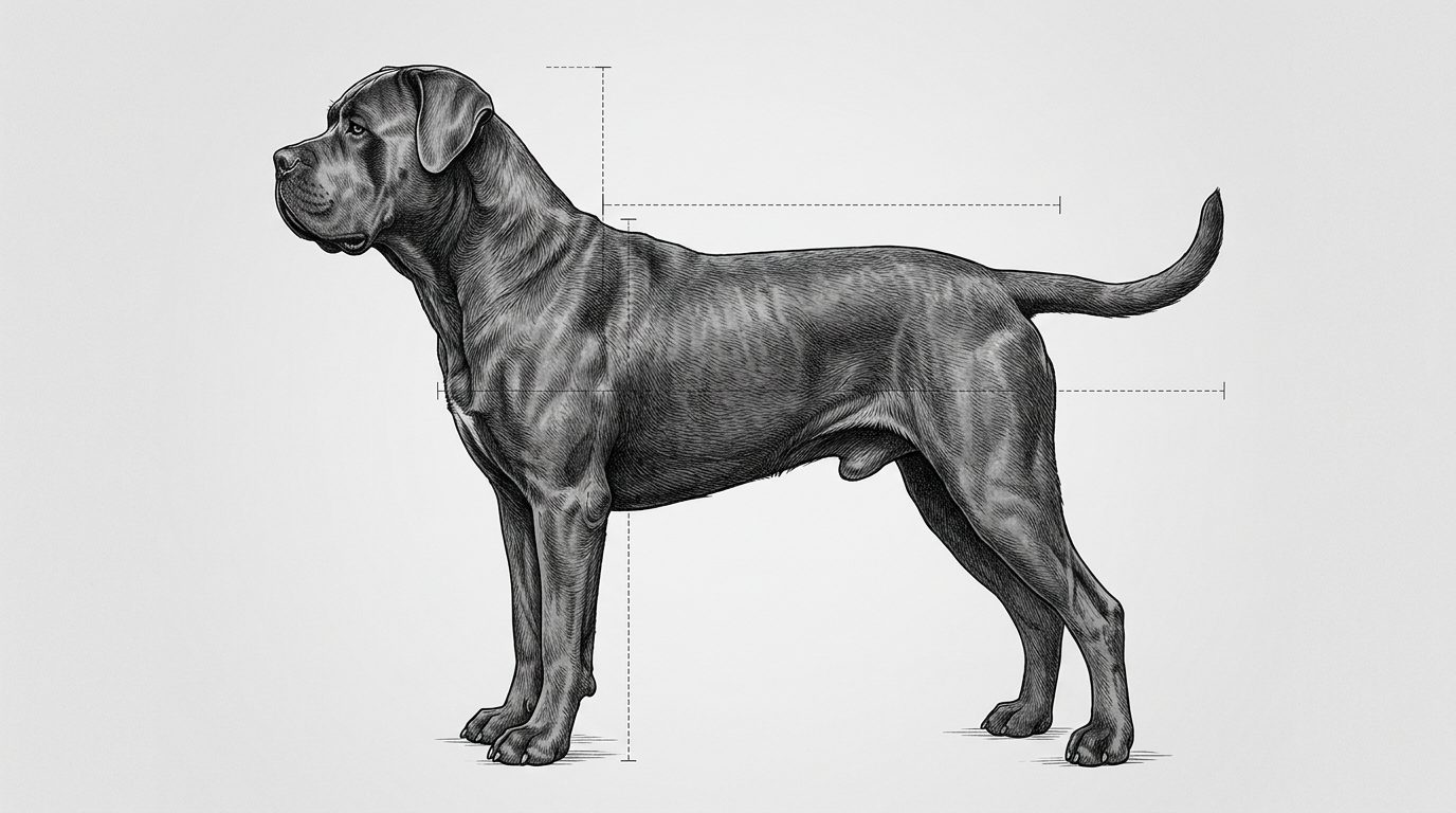 Cane Corso Seitenansicht: Rassezeichnung mit Vermassung von Körperlänge und Widerristhöhe (Illustration, KI-generiert)