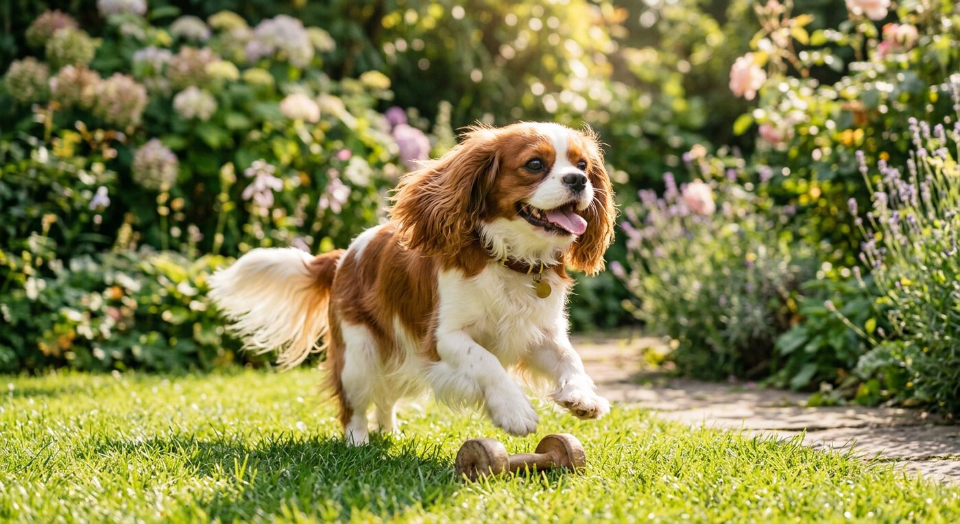 Aktiver, gesunder Cavalier King Charles Spaniel beim Spielen im Garten (symbolische Fotodarstellung, KI-generiert)