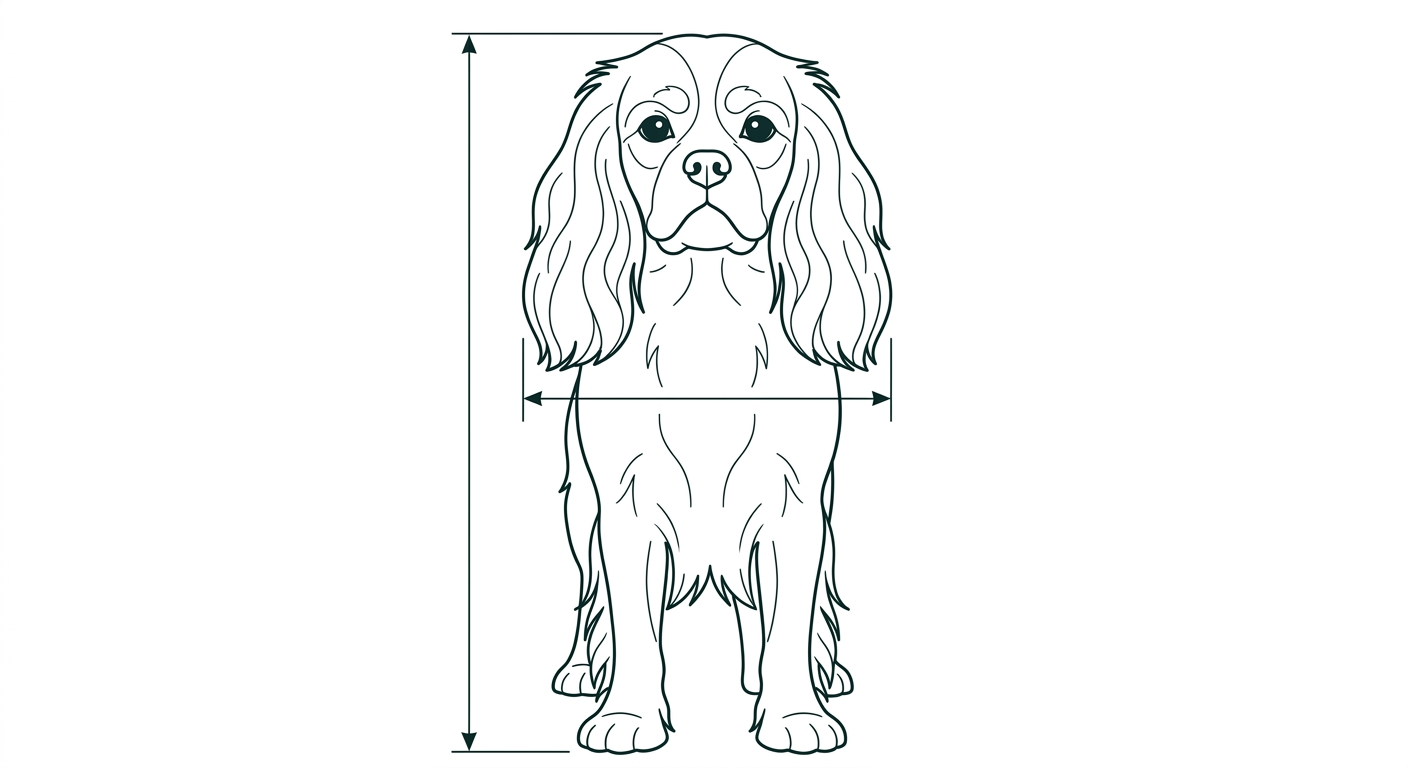 Cavalier King Charles Spaniel Frontalansicht: Rassezeichnung mit Vermassung der Brustbreite (Illustration, KI-generiert)