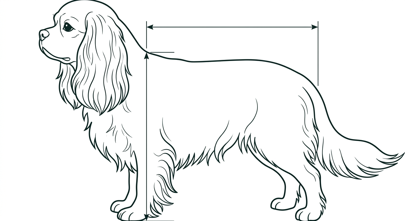 Cavalier King Charles Spaniel Seitenansicht: Rassezeichnung mit Vermassung von Körperlänge und Widerristhöhe (Illustration, KI-generiert)