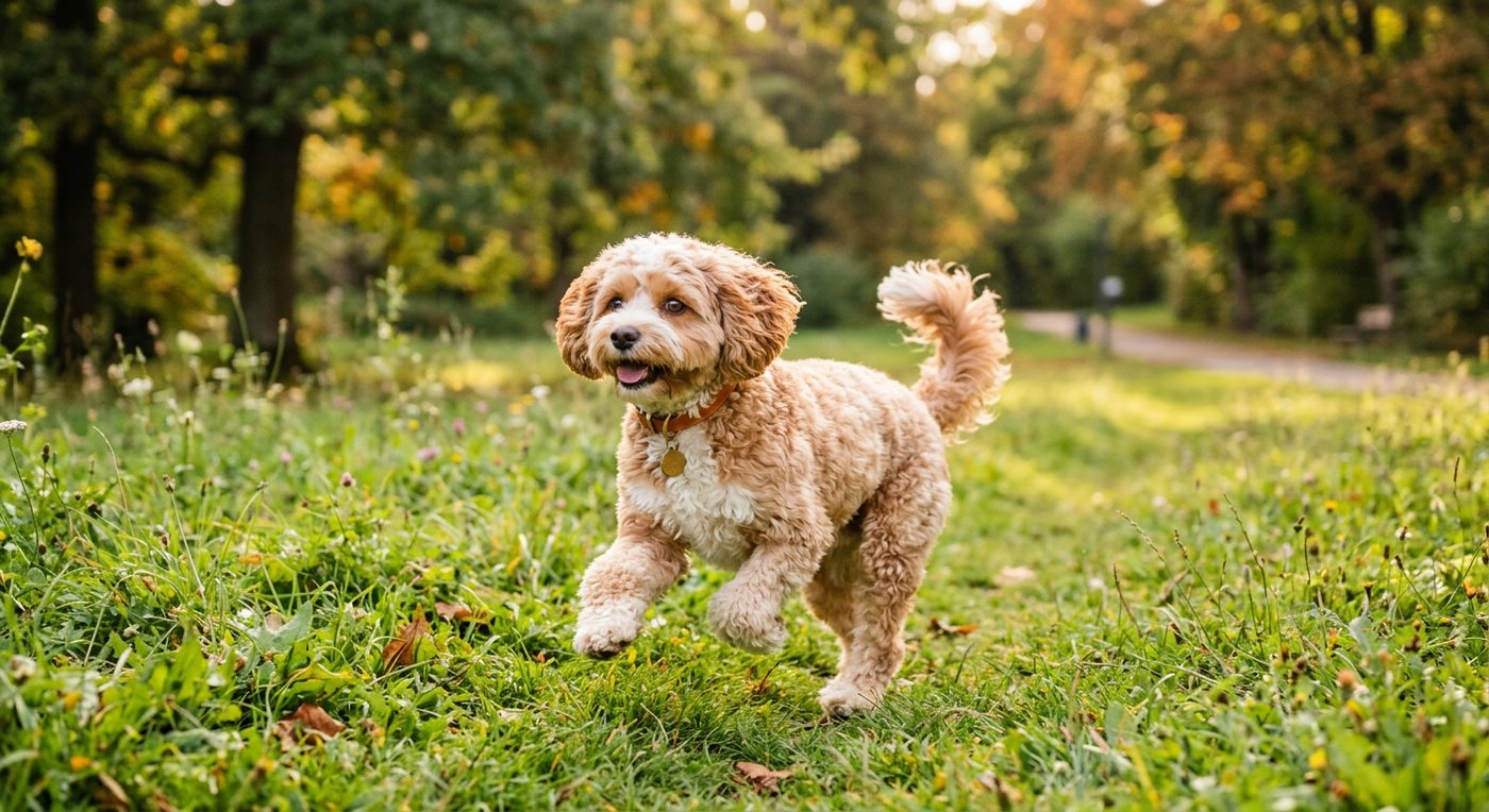 Aktiver, gesunder Cavapoo im Freien (symbolische Fotodarstellung, KI-generiert)