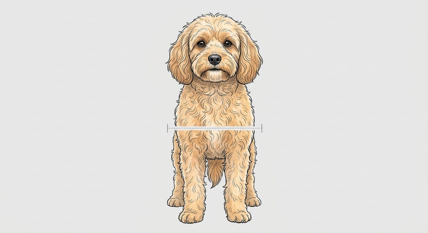 Cavapoo Frontalansicht: Rassezeichnung mit Vermassung der Brustbreite (Illustration, KI-generiert)