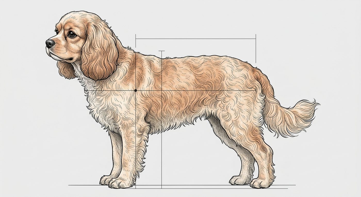 Cavapoo Seitenansicht: Rassezeichnung mit Vermassung von Körperlänge und Widerristhöhe (Illustration, KI-generiert)