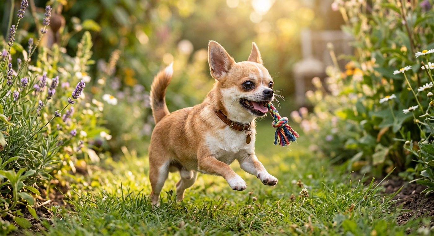 Aktiver, gesunder Chihuahua beim Spielen im Garten (symbolische Fotodarstellung, KI-generiert)