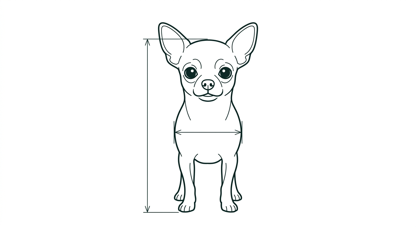 Chihuahua Frontalansicht: Rassezeichnung mit Vermassung der Brustbreite (Illustration, KI-generiert)