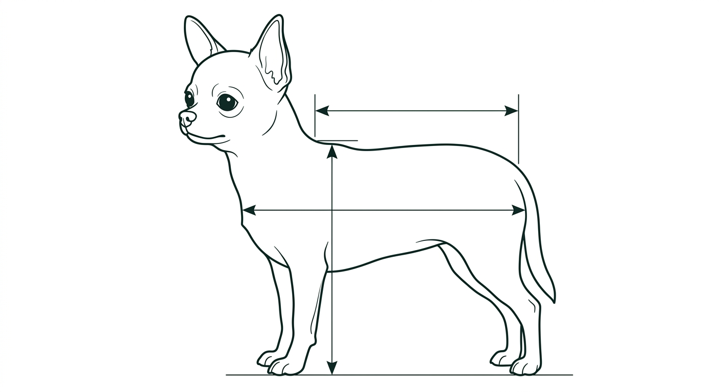 Chihuahua Seitenansicht: Rassezeichnung mit Vermassung von Körperlänge und Widerristhöhe (Illustration, KI-generiert)
