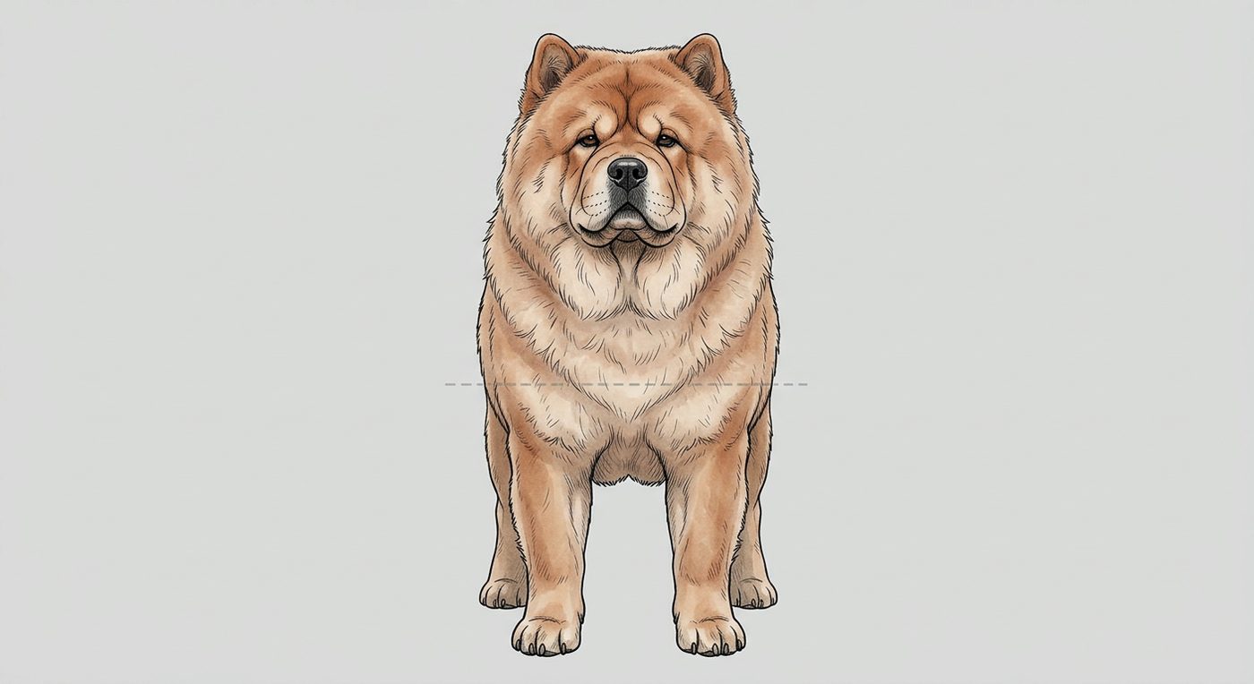 Chow Chow Frontalansicht: Rassezeichnung mit Vermassung der Brustbreite (Illustration, KI-generiert)
