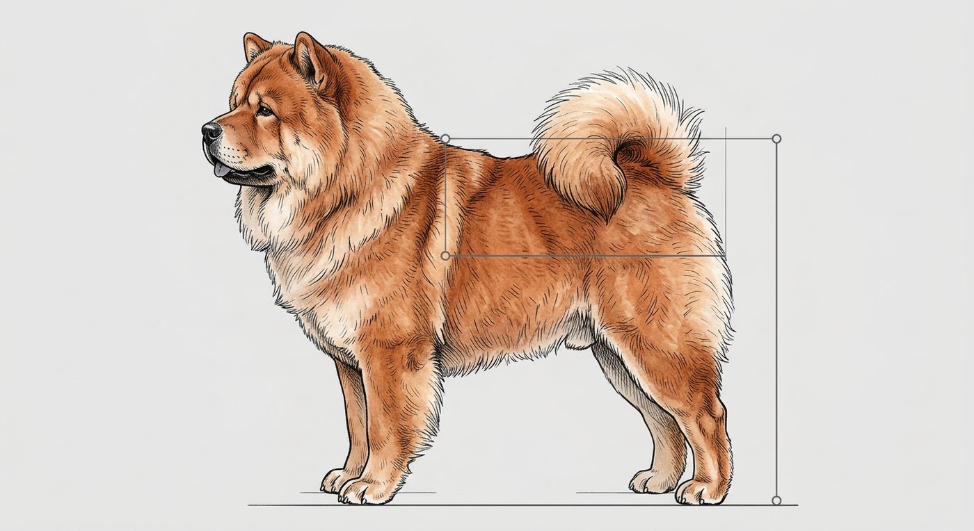 Chow Chow Seitenansicht: Rassezeichnung mit Vermassung von Körperlänge und Widerristhöhe (Illustration, KI-generiert)