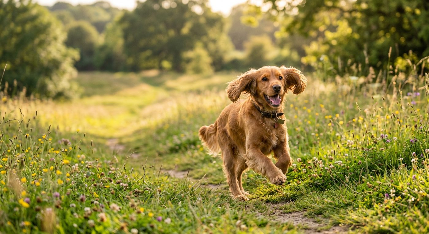 Aktiver, gesunder Cocker Spaniel im Freien (symbolische Fotodarstellung, KI-generiert)