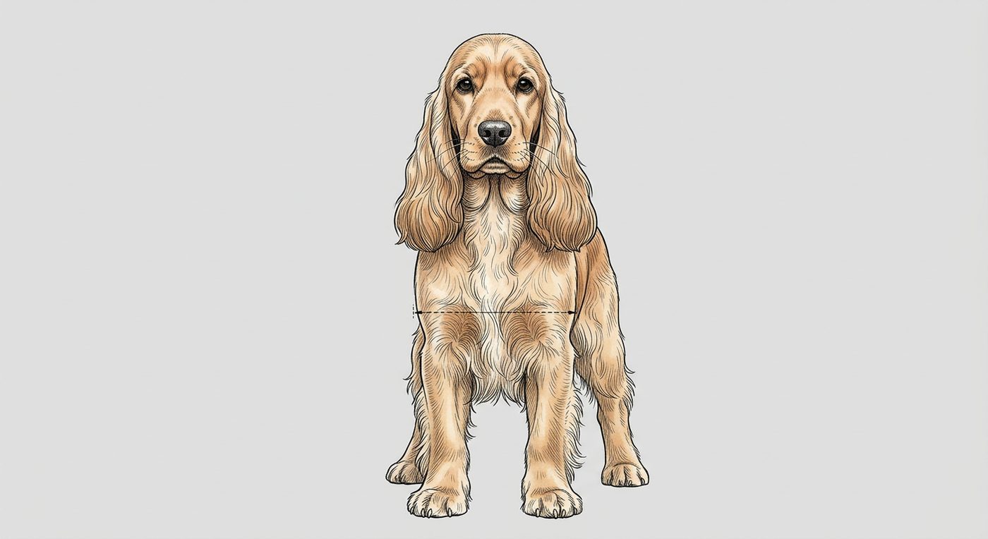 Cocker Spaniel Frontalansicht: Rassezeichnung mit Vermassung der Brustbreite (Illustration, KI-generiert)
