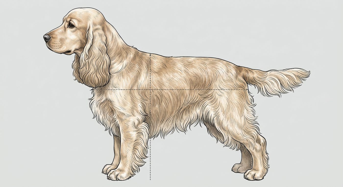 Cocker Spaniel Seitenansicht: Rassezeichnung mit Vermassung von Körperlänge und Widerristhöhe (Illustration, KI-generiert)