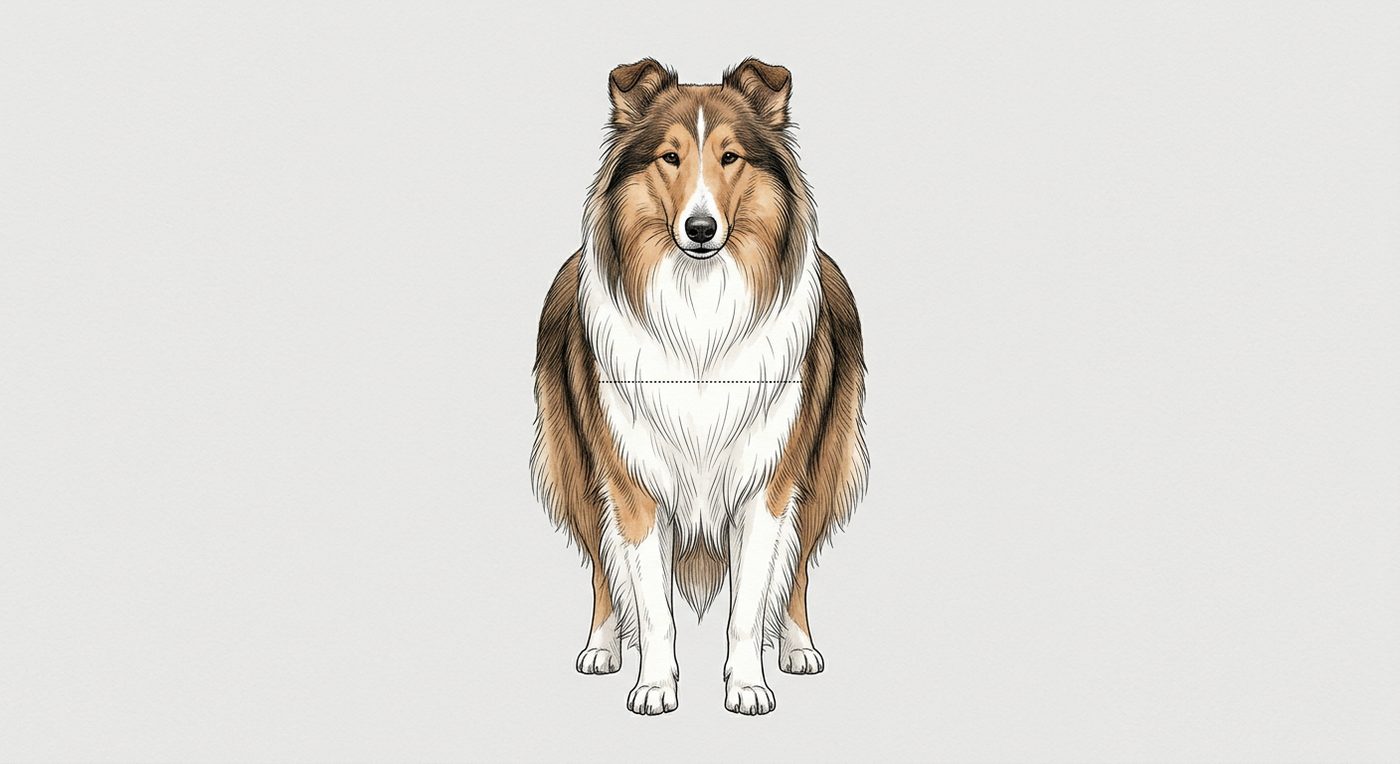 Collie Frontalansicht: Rassezeichnung mit Vermassung der Brustbreite (Illustration, KI-generiert)