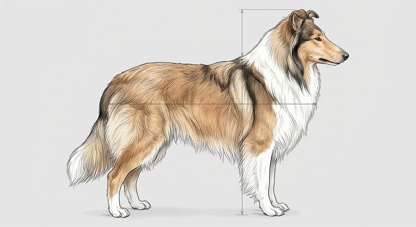 Collie Seitenansicht: Rassezeichnung mit Vermassung von Körperlänge und Widerristhöhe (Illustration, KI-generiert)
