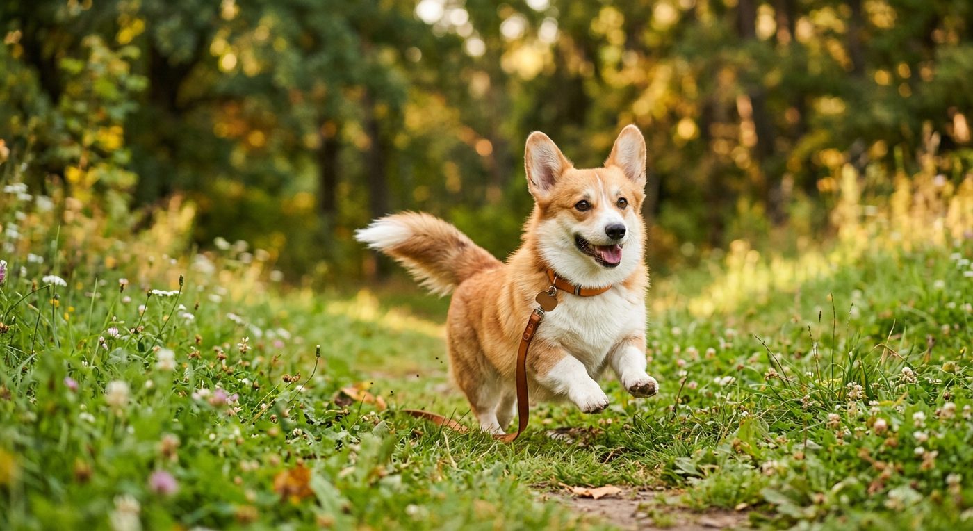 Aktiver, gesunder Corgi im Freien (symbolische Fotodarstellung, KI-generiert)