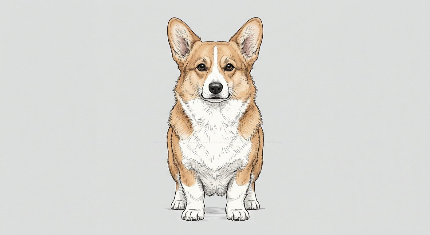 Corgi Frontalansicht: Rassezeichnung mit Vermassung der Brustbreite (Illustration, KI-generiert)