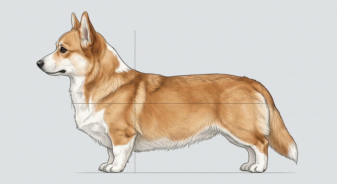 Corgi Seitenansicht: Rassezeichnung mit Vermassung von Körperlänge und Widerristhöhe (Illustration, KI-generiert)
