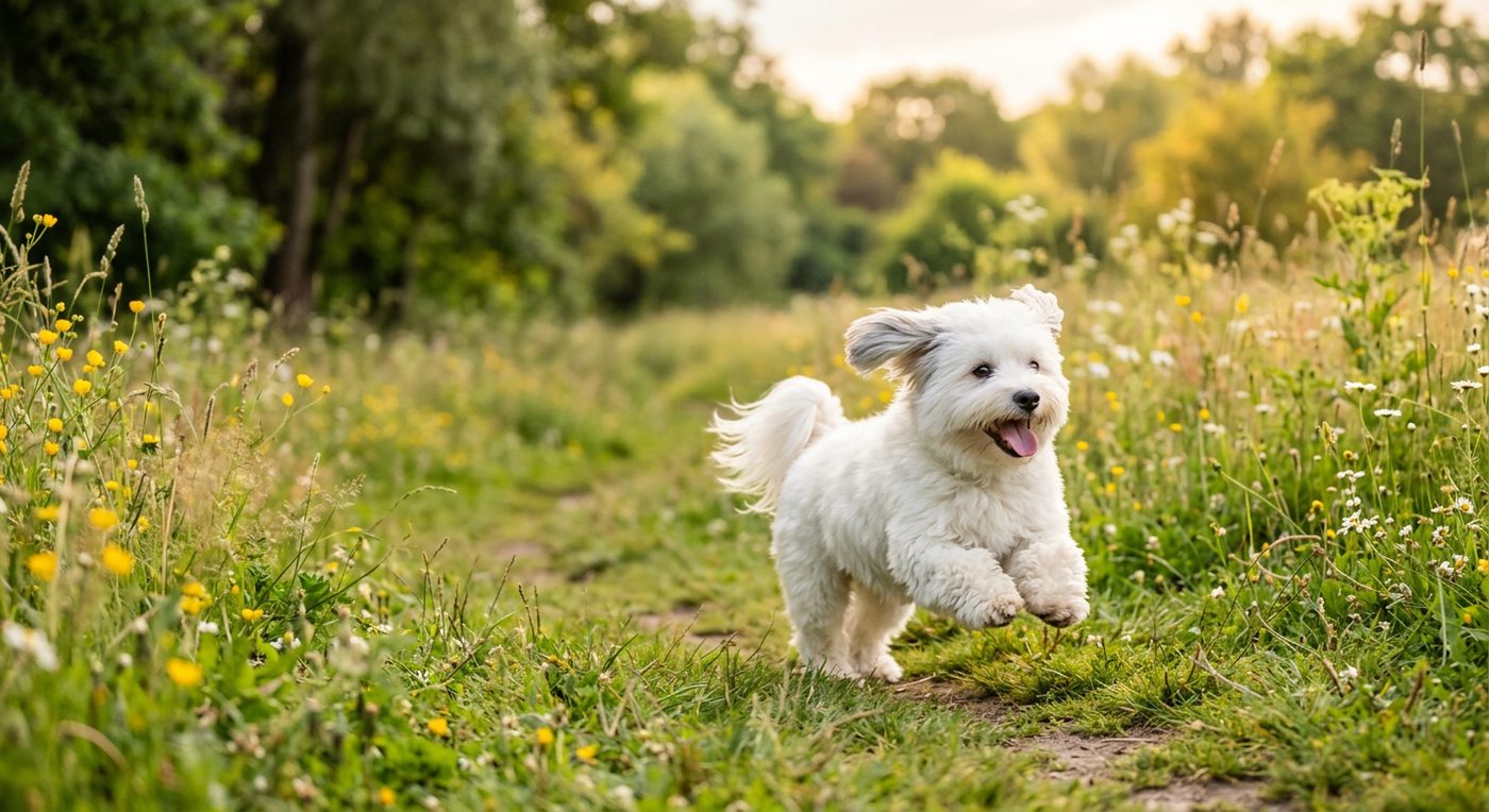 Aktiver, gesunder Coton de Tuléar im Freien (symbolische Fotodarstellung, KI-generiert)