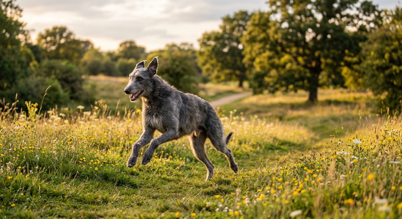 Aktiver, gesunder Deerhound im Freien (symbolische Fotodarstellung, KI-generiert)