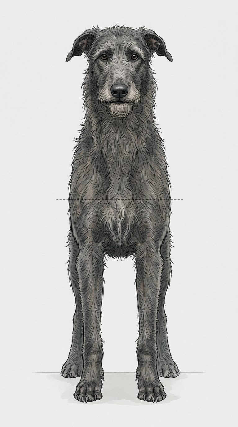 Deerhound Frontalansicht: Rassezeichnung mit Vermassung der Brustbreite (Illustration, KI-generiert)