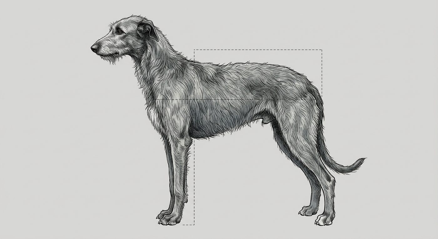 Deerhound Seitenansicht: Rassezeichnung mit Vermassung von Körperlänge und Widerristhöhe (Illustration, KI-generiert)
