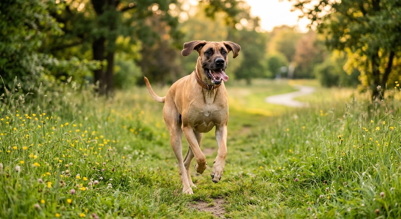 Aktiver, gesunder Deutsche Dogge im Freien (symbolische Fotodarstellung, KI-generiert)