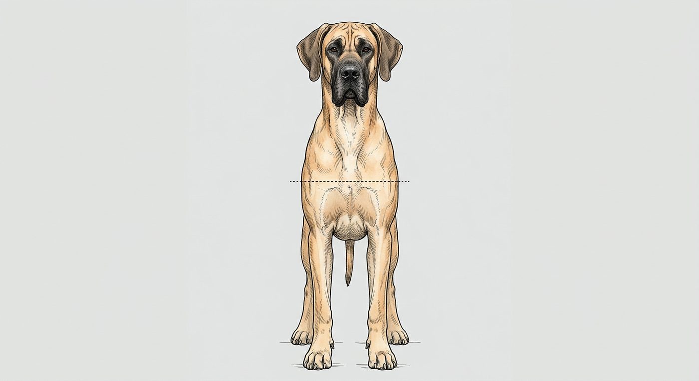 Deutsche Dogge Frontalansicht: Rassezeichnung mit Vermassung der Brustbreite (Illustration, KI-generiert)