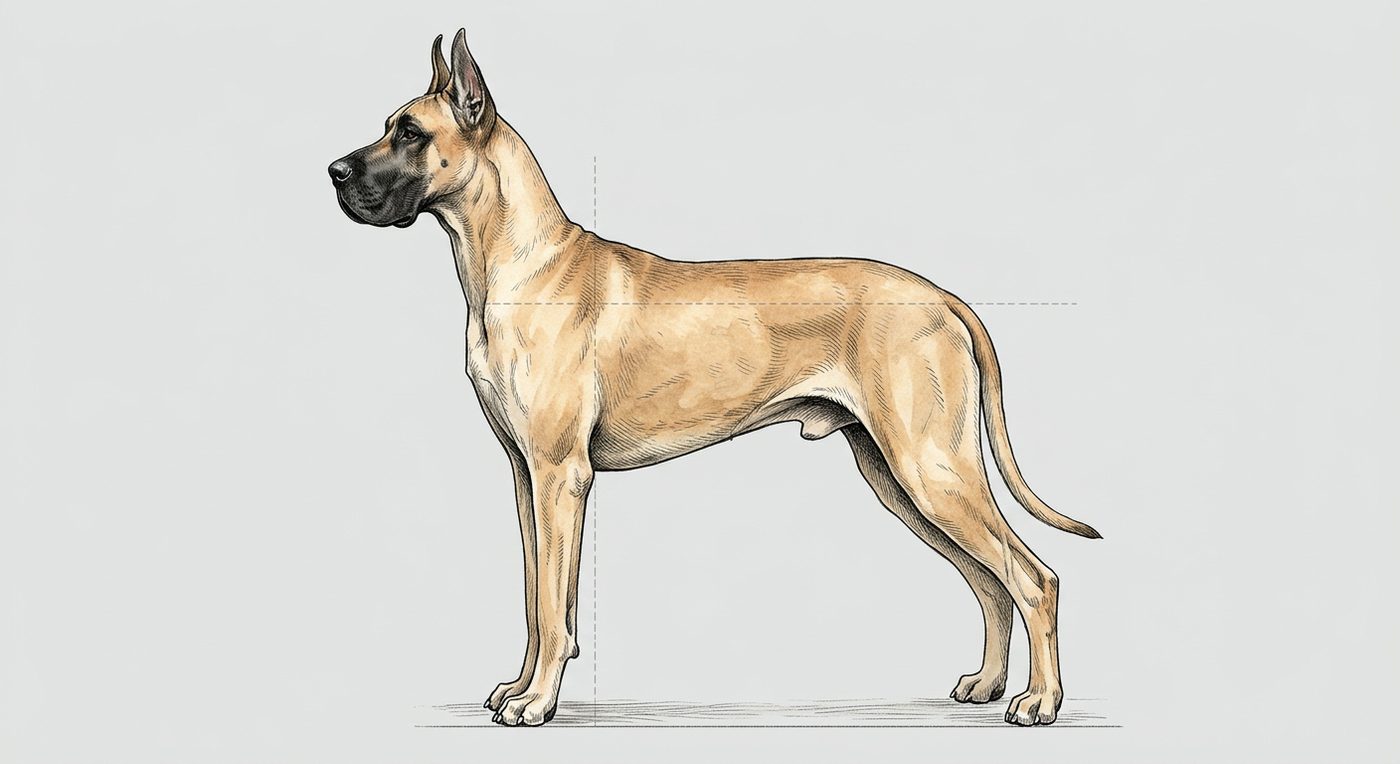Deutsche Dogge Seitenansicht: Rassezeichnung mit Vermassung von Körperlänge und Widerristhöhe (Illustration, KI-generiert)