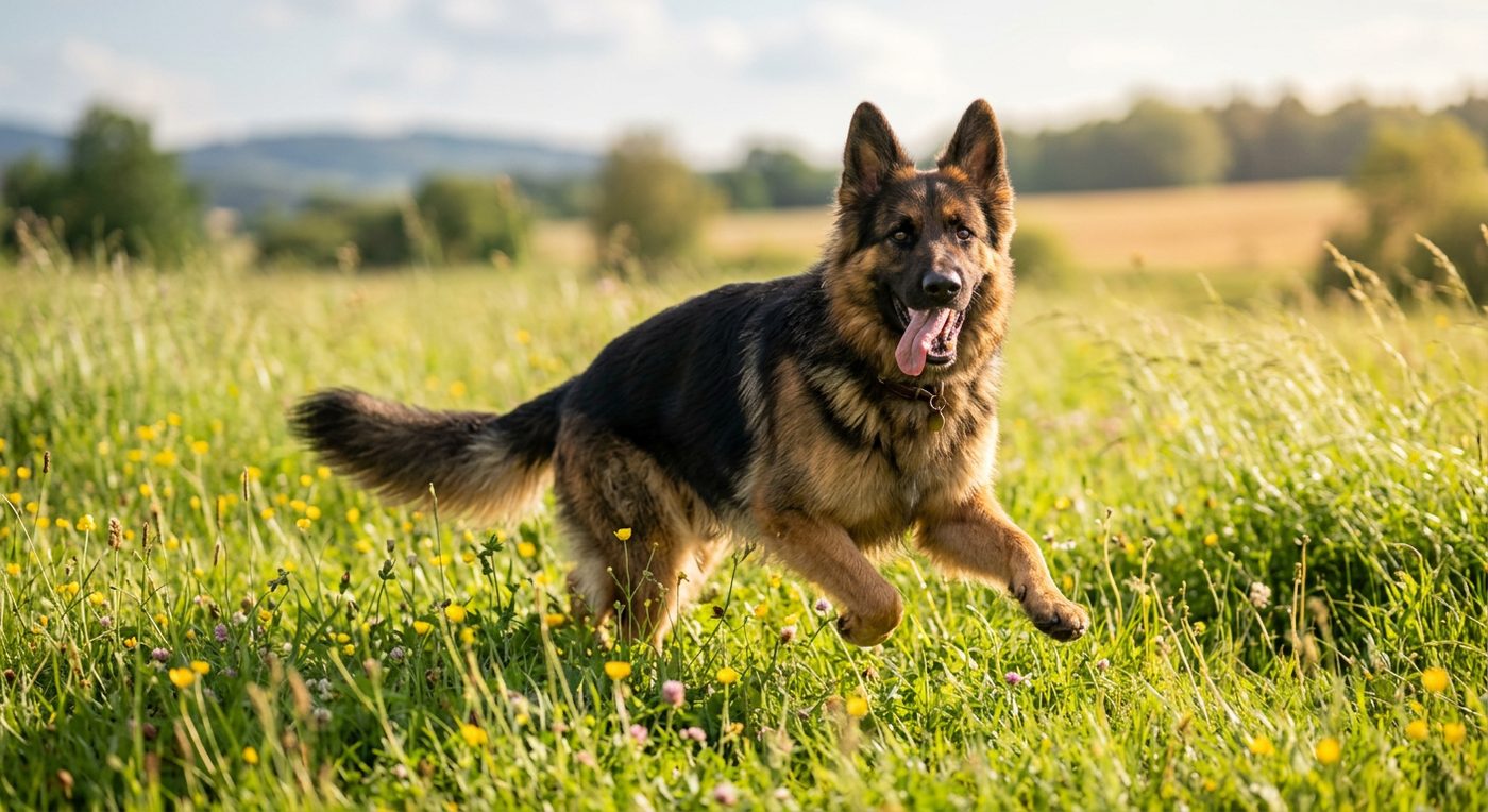 Aktiver, gesunder Deutscher Schäferhund beim Rennen über eine Wiese (symbolische Fotodarstellung, KI-generiert)